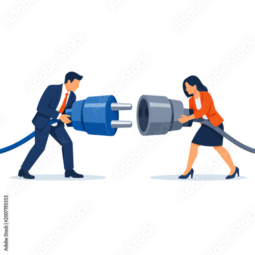 Business people tug of war connecting plug and socket, partnership concept