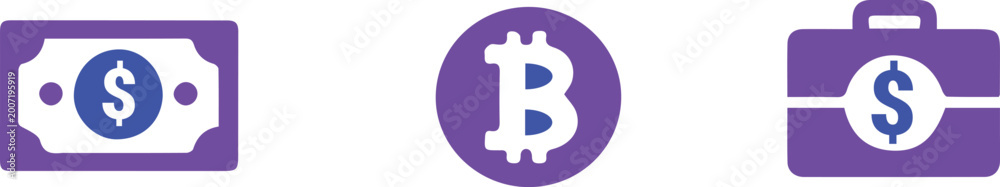 Fototapeta premium Finance and Cryptocurrency Icons Set with Dollar Bill Bitcoin and Money Briefcase Vector Illustration