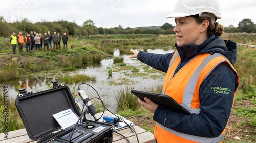 Environmental Consultant Explaining Restoration Process at Wetland Site