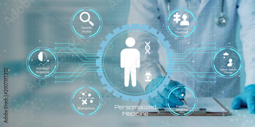 Modern Concept Illustration Showcasing Personalized Medicine with Genetic Data and Patient Specific Treatments