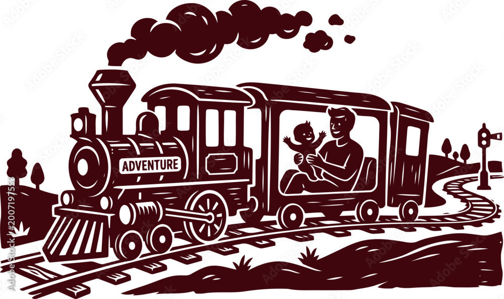 Naklejka premium Vintage illustration of a family traveling on an adventure train journey together