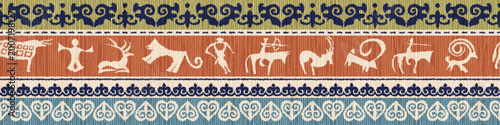 фотографія Ethnic seamless border on the theme of rock paintings and Kazakh national orname