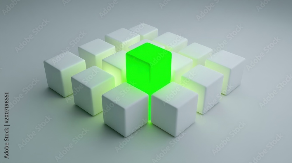 Obraz premium A glowing green cube stands out amidst twelve white cubes, arranged symmetrically on a light grey surface with soft shad