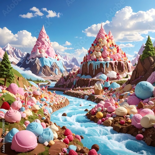A fantastical sugary landscape with candy mountains and colorful river