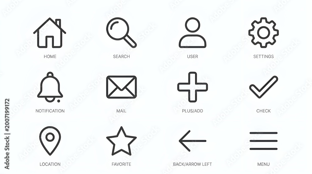 Fototapeta premium Minimalist Line Art Icon Set for Web and Mobile UI Interface Design Including Home Search Settings