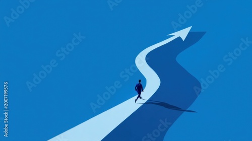 Stylized blue background with white curving path transforming into arrow, symbolizing direction and progress, featuring