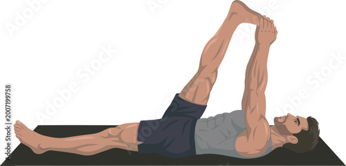 Bild auf Leinwand A digital illustration of a muscular man in athletic apparel, performing a reclined single-leg stretch (Supta Padangusthasana) on a black exercise mat against a white background