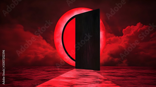 Dramatic red portal, glowing doorway, surreal landscape, ominous clouds