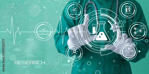 Medical professional conducting advanced scientific research with futuristic technology and biological regeneration concepts