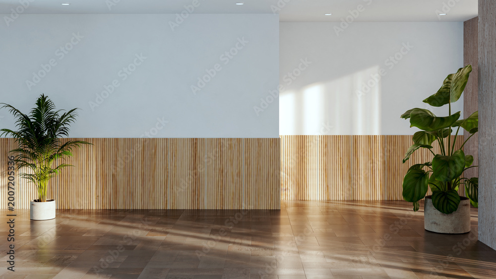 Naklejka premium 3D render, illustration Luxury modern living room interior, realistic lighting, wide angle, contemporary furniture, clean lines, minimalist decor, elegant home design, large window