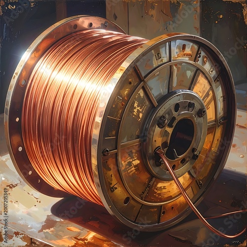 A large spool of copper wire on a metallic surface