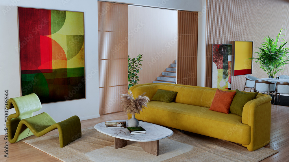 Obraz premium 3D render, illustration Luxury modern living room interior, realistic lighting, wide angle, contemporary furniture, clean lines, minimalist decor, elegant home design, large window