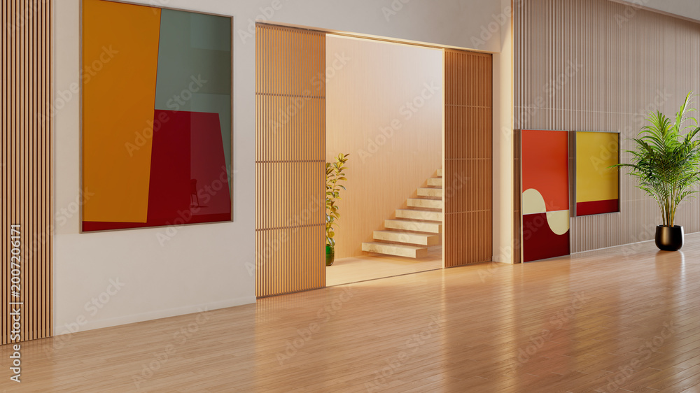 Naklejka premium 3D render, illustration Luxury modern living room interior, realistic lighting, wide angle, contemporary furniture, clean lines, minimalist decor, elegant home design, large window