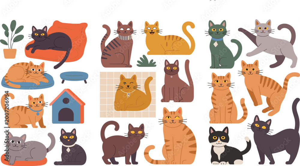 Fototapeta premium Flat Design Colorful Cat Vector Collection Set with Orange Black Gray Brown Tabby Kittens Sitting Lying on Bed House and Cushion Icons