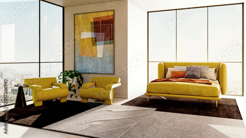 Large luxury modern bright bed room interiors 3D rendering illustration Color Image