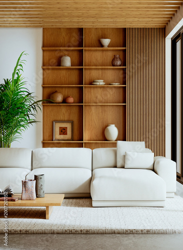 3D render, illustration Luxury modern living room interior,  realistic lighting, wide angle, contemporary furniture, clean lines, minimalist decor, elegant home design, large window