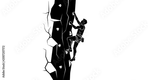 Tableau sur toile Male rock climber ascending a steep rock face with geometric handholds, black and white vector sketch
