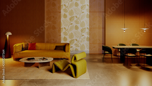 3D render, illustration Luxury modern living room interior,  realistic lighting, wide angle, contemporary furniture, clean lines, minimalist decor, elegant home design, large window