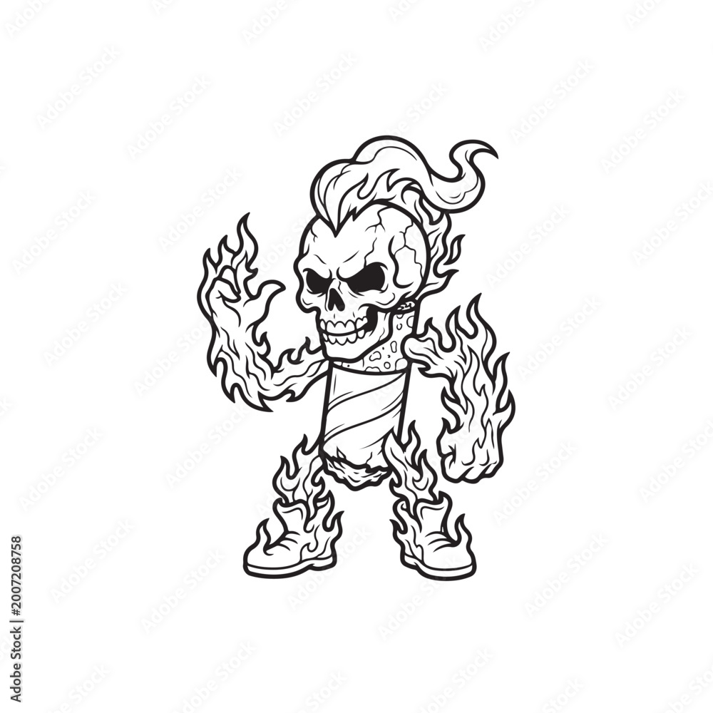 Fototapeta premium Fire Skull Mascot Vector Line Art Illustration, Black and White Tattoo Design