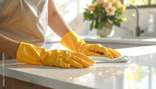 Household Cleaning Scene Featuring Gloved Hands Wiping Counter