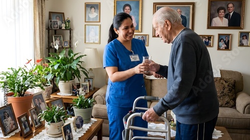 Caring Home Health Aide Assisting Elderly Man in Cozy Living Room