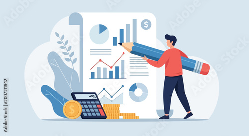 Photos Man analyzing financial data and business growth charts on a large document, holding a big pencil next to calculator and coins