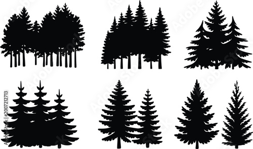 Bild auf Leinwand Black silhouette pine trees forest collection fir tree
