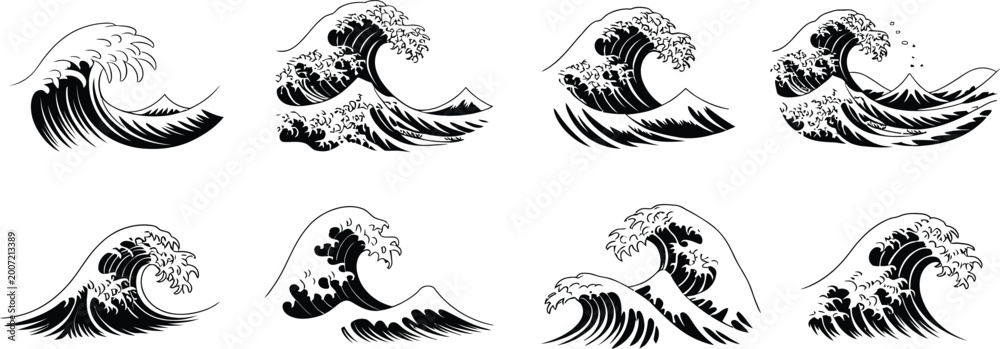 Obraz premium Set of eight black and white wave ocean water splash