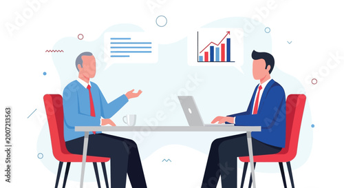 Business meeting concept with two businessmen sitting at office desk discussing financial performance while using laptop and looking at chart speech bubble.