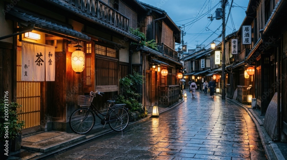 Fototapeta premium A rainy evening scene in a historic Japanese street.