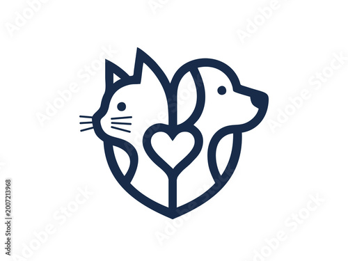 Minimalist heart logo featuring cat and dog for pet care services
