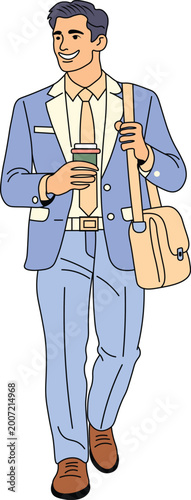 Stylish Businessmen Walking with Coffee Colorful Line Art Illustration