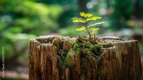 Vibrant green sapling grows from weathered tree stump in forest, symbolizing resilience and renewal.