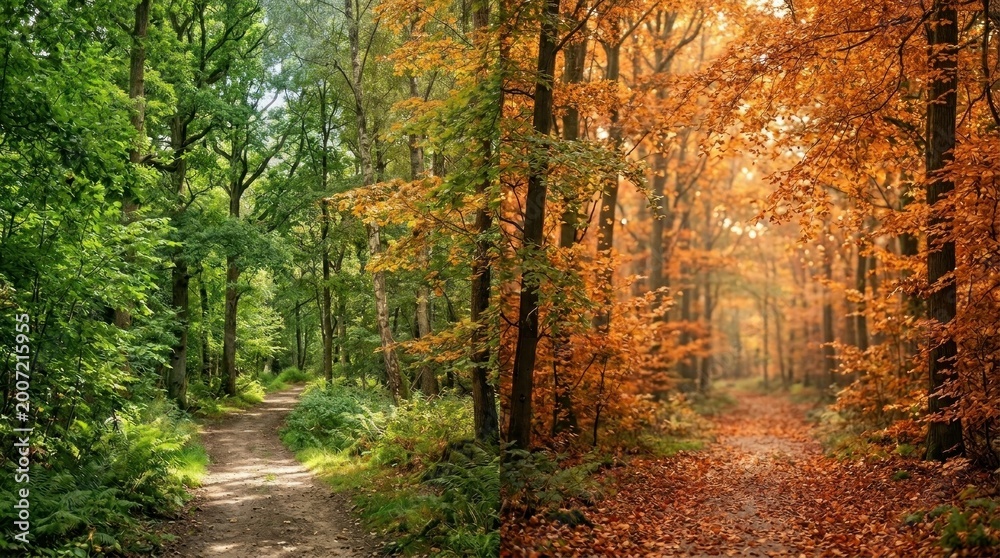 Fototapeta premium A forest path transitions from lush green to vibrant autumn colors.
