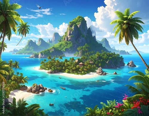 A serene tropical island with lush greenery, white sand beaches, and crystal-clear turquoise waters