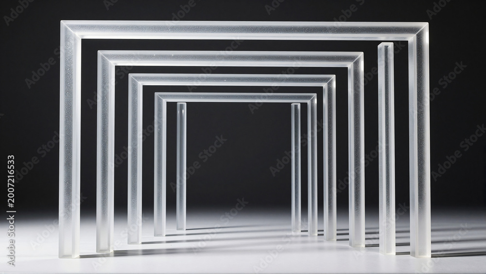 Naklejka premium Abstract series of clear rectangular structures forming a receding tunnel of light and shadow on a dark background