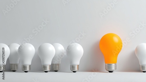 Row of seven unlit white bulbs with one glowing orange bulb, symbolizing innovation and uniqueness.