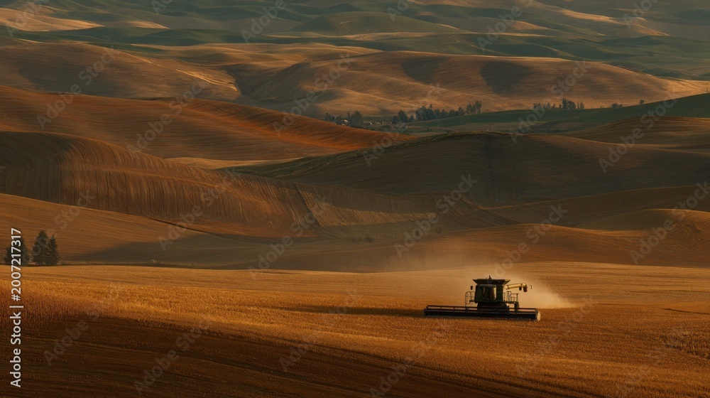 Fototapeta premium A solitary agricultural harvester works across golden rolling fields bathed in warm sunlight