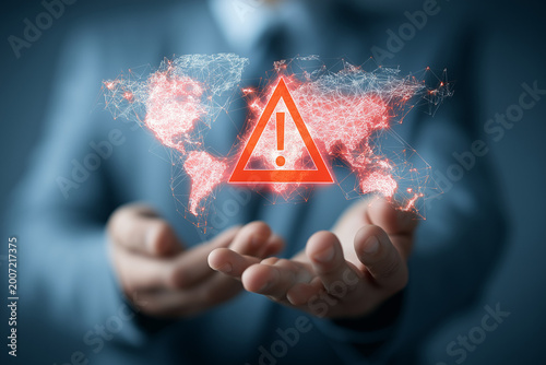 Geopolitical risks and instability in international relations. Assessing the impact of international conflict and trade war. Business person holding a world map and warning triangle icons