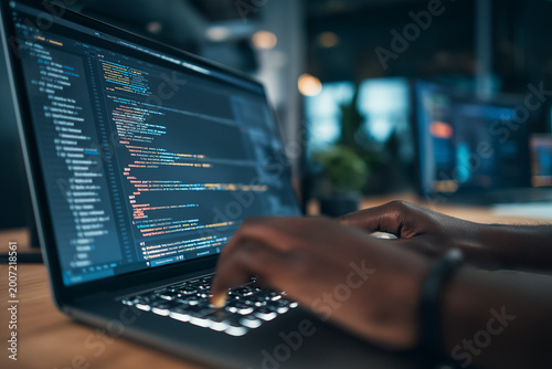 Low-code or no-code development platform. Solutions for creating software without coding. Business person using a laptop to build applications