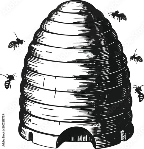 Vintage Engraving of Beehive Skep with Bees Vector Illustration
