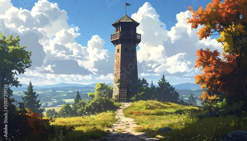 A tall stone tower stands on a grassy hill surrounded by trees