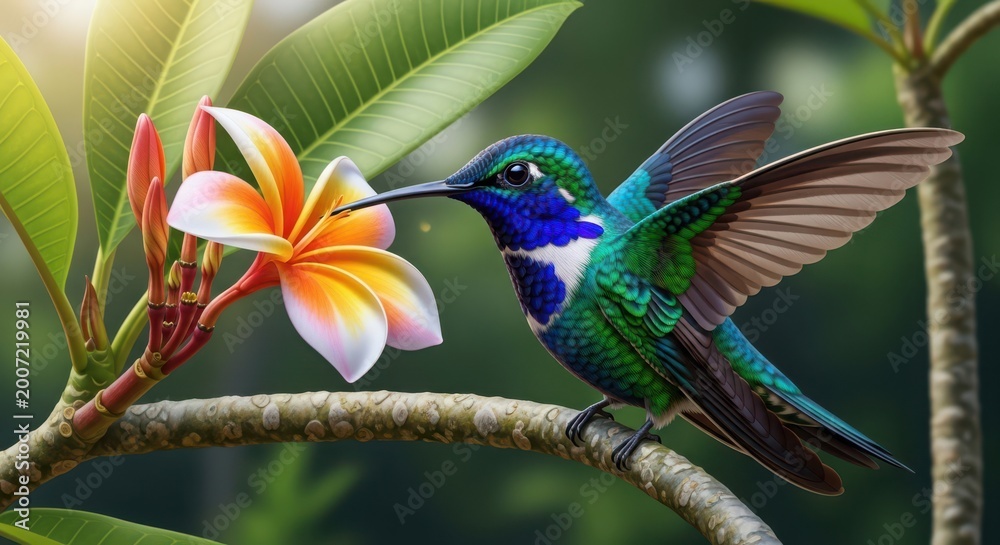 Fototapeta premium vibrant green hummingbird feeding on tropical white orchid in lush rainforest sunlight
