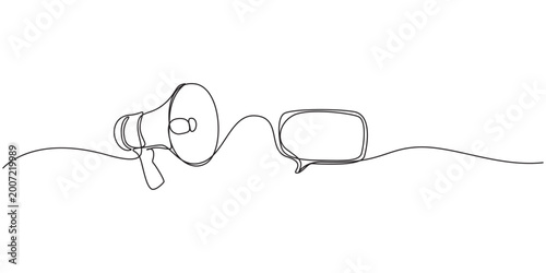 Continuous single line sketch drawing of megaphone speaker with bubble chat. Megaphone in one line art style. 