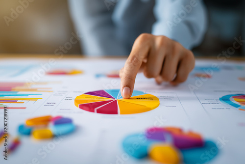 Pie chart analysis. Analysis of market share or sales composition. Businessperson tapping charts on analytics dashboard