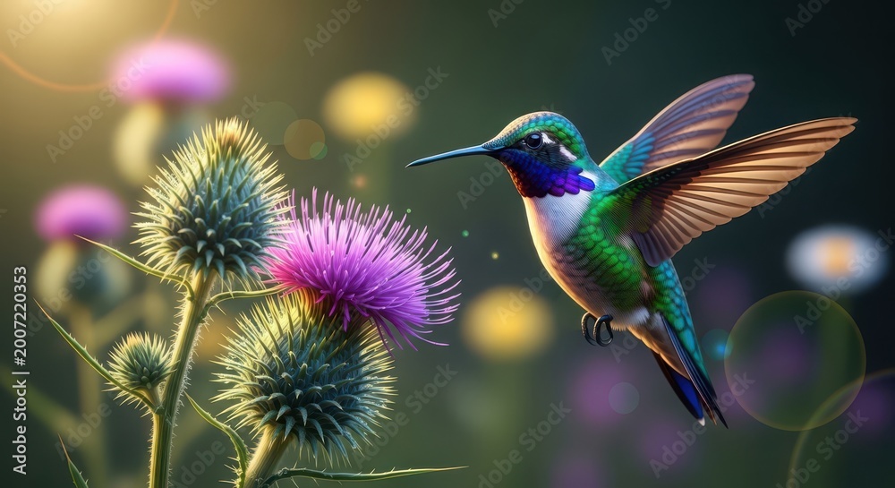 Fototapeta premium vibrant hummingbird in flight feeding on purple thistle flowers in golden sunlight