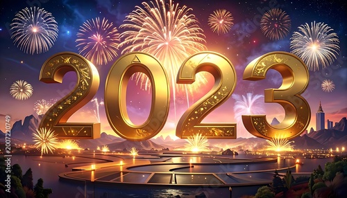 A vibrant fireworks display over a cityscape with large gold numbers