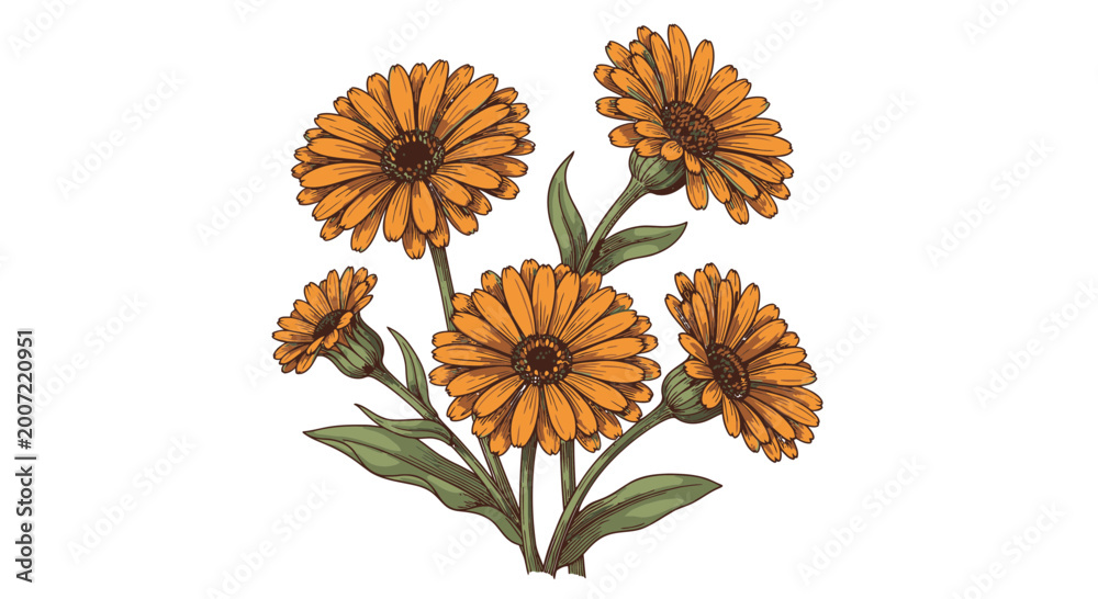 Fototapeta premium Vintage Hand Drawn Calendula Marigold Flowers Illustration