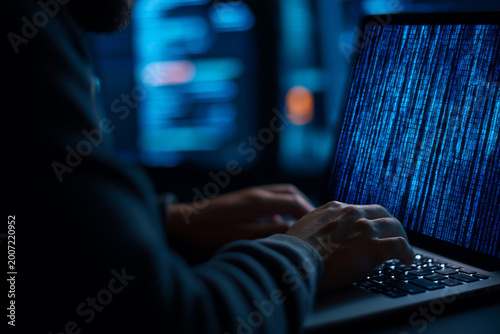 Secure data protection and network security systems. VPN connections and zero trust security. Man using laptop computer with an encrypted data security system