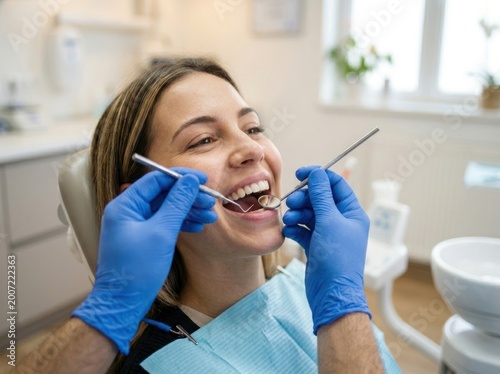 Medium close-up of a smiling patient in a dental chair, dentist using mirror and probe with blue gloves in a bright modern clinic